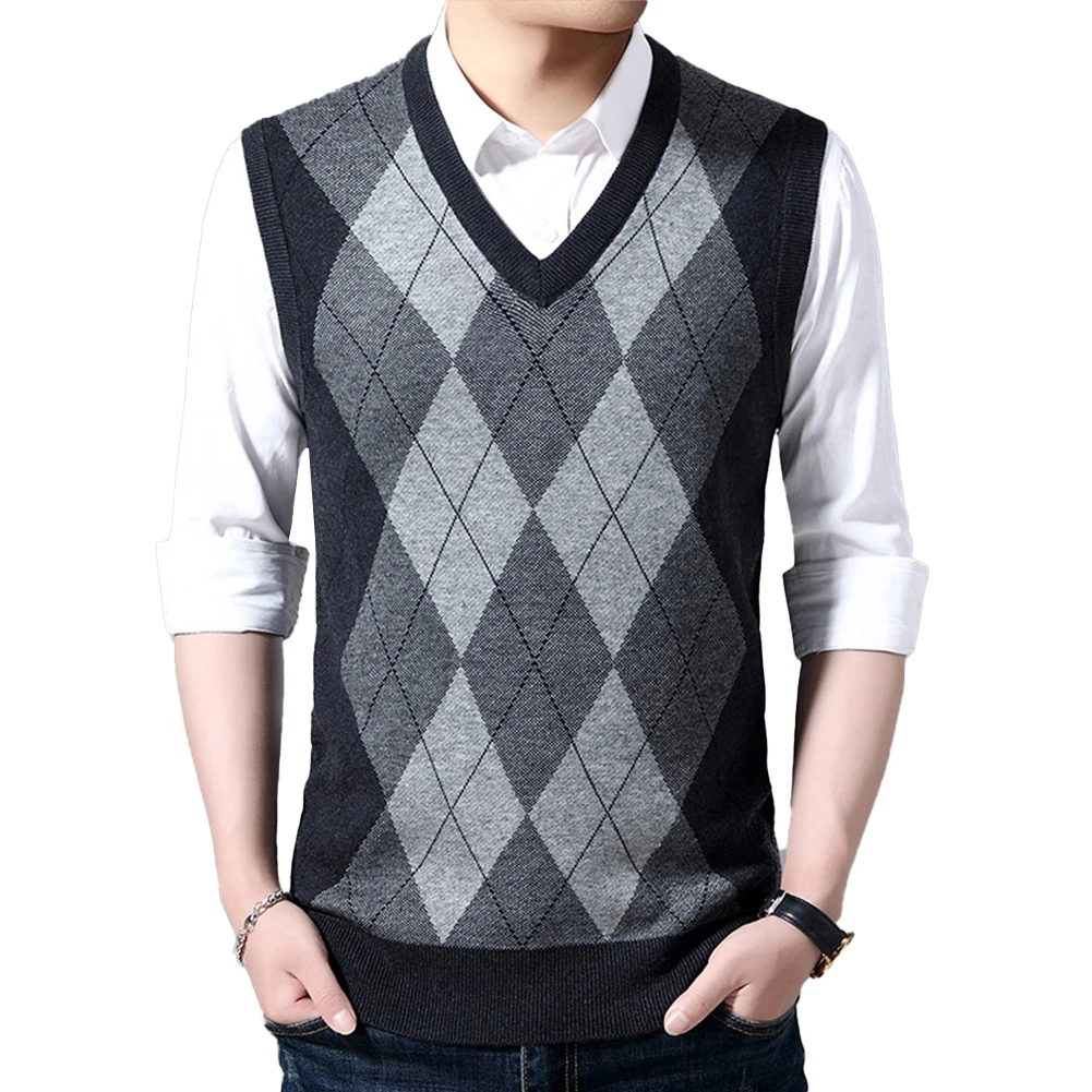 Casual Wool Prismatic Plaid Sweater Vest Fashion Cashmere Knitted V Neck Sleeveless Pullover Tank Top Vests Clothing For Men