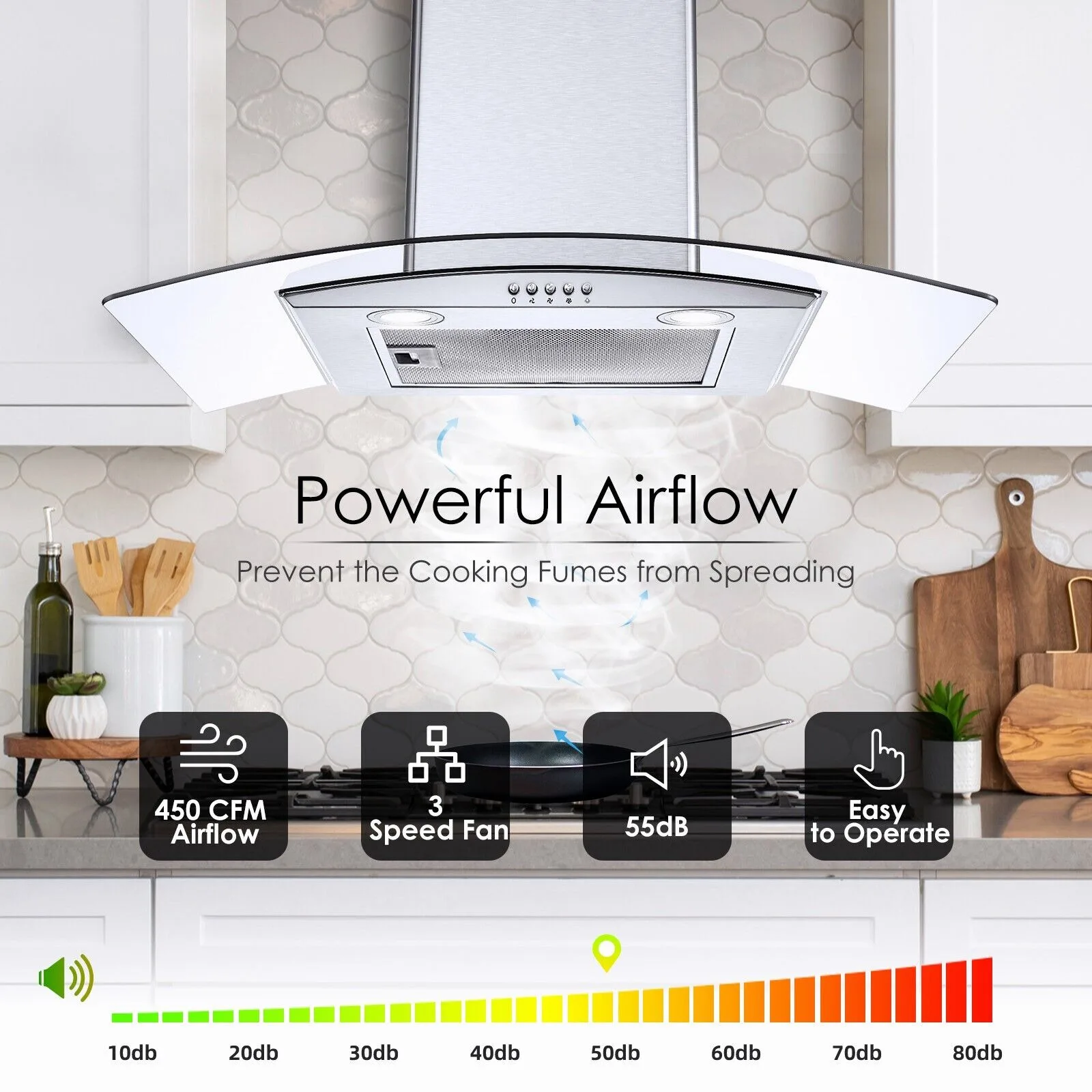 Tieasy 30 inch 450CFM Kitchen Wall Mount Tempered Glass Vented 3-Speed Fan Range Hood USGD3375A 6