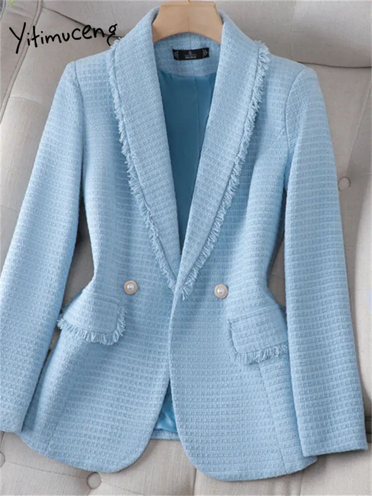 Conjunto de chaqueta blanca ajustada con cuello con muescas, botones y  bolsillos, elegante y liso, para mujer - AliExpress