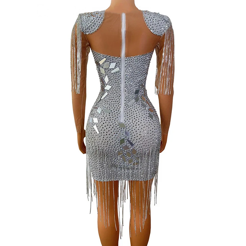 Silver Celebrity Prom Dresses For Black Girls Long Sleeve Crystal Tassels Birthday Party Dress Mini Cocktail Gown African robe