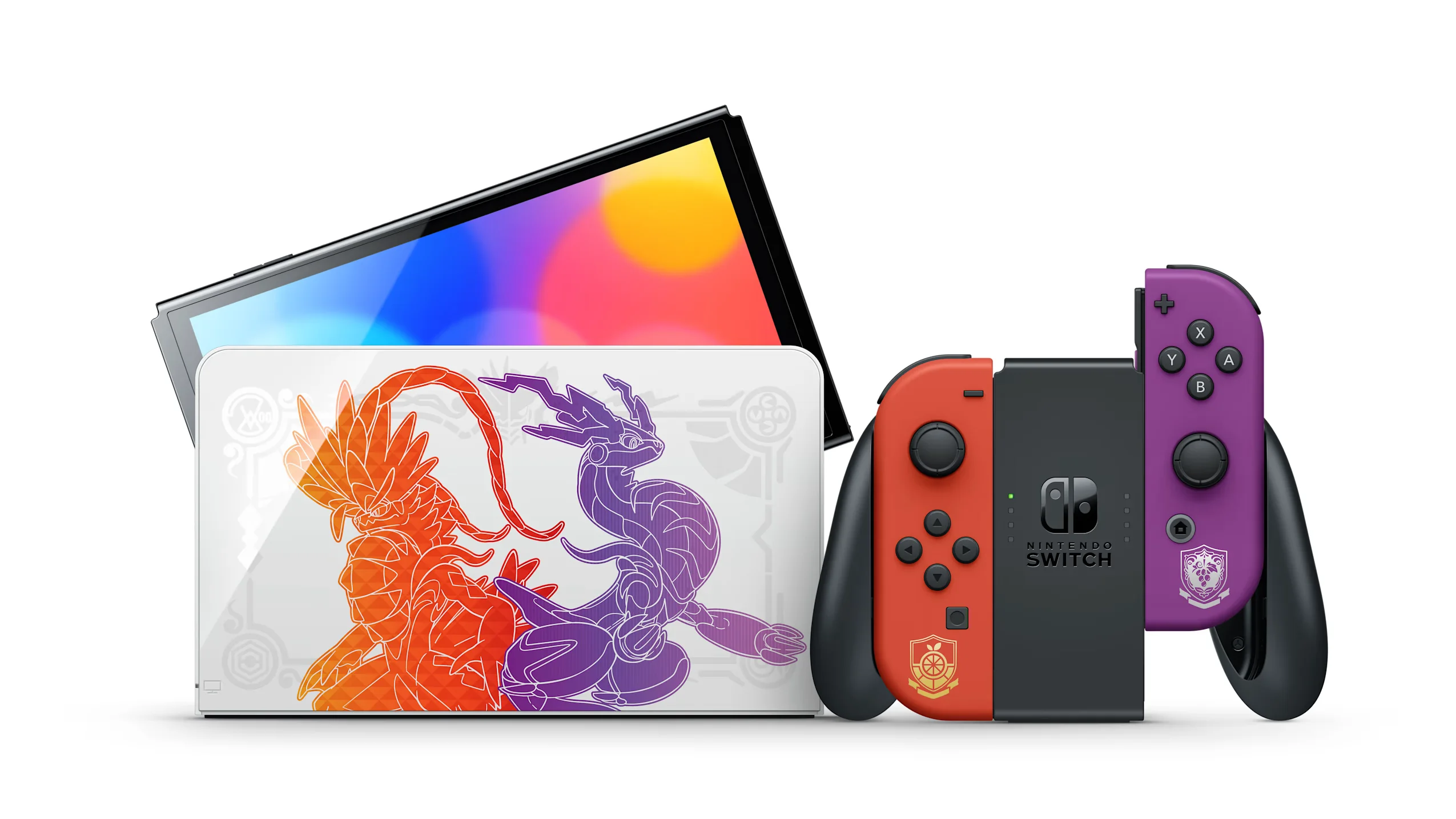 Konsola Nintendo Switch (Model OLED) Edycja Pokémon Crimson & Violet, 7-calowy ekran OLED, uchwyty Joy-Con, BEZ gier.