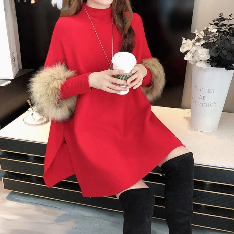 

Autumn Winter New Thick Knitted Sweater Women's Cloak Shawl Bat Shirt Pullover High Neck Loose Sweater Poncho Christmas Tops Red