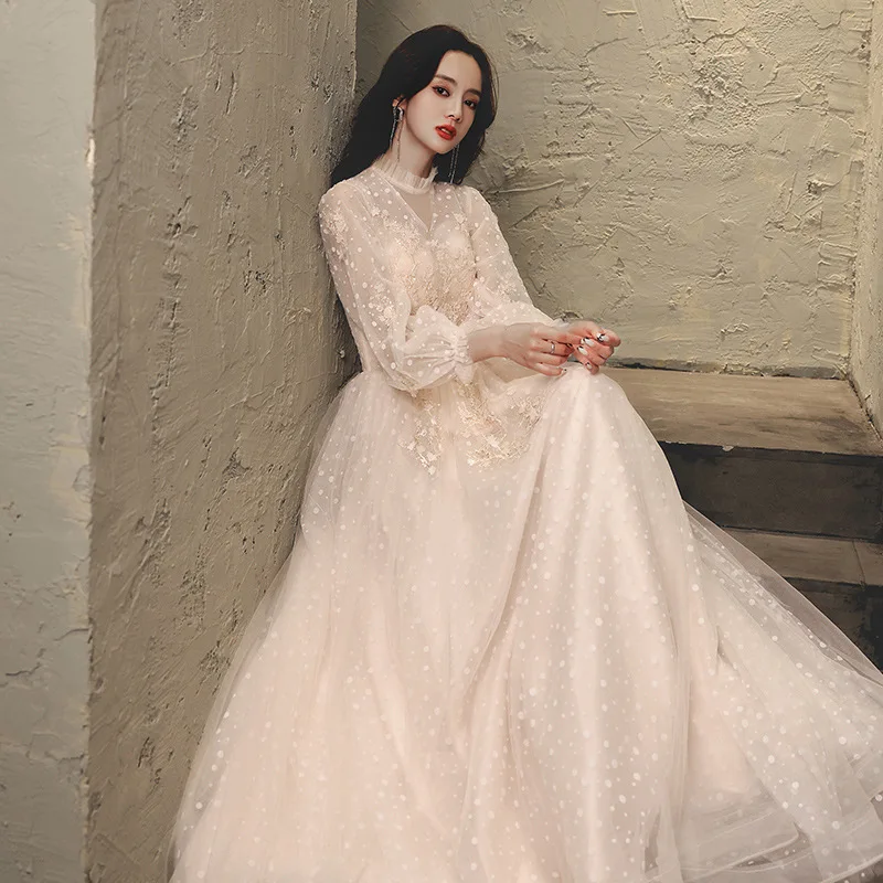 

Elegant Women Evening Dress 2023 New Retro Classic Tulle Long Sleeve Banquet Gown Temperament Slim Prom Dresses