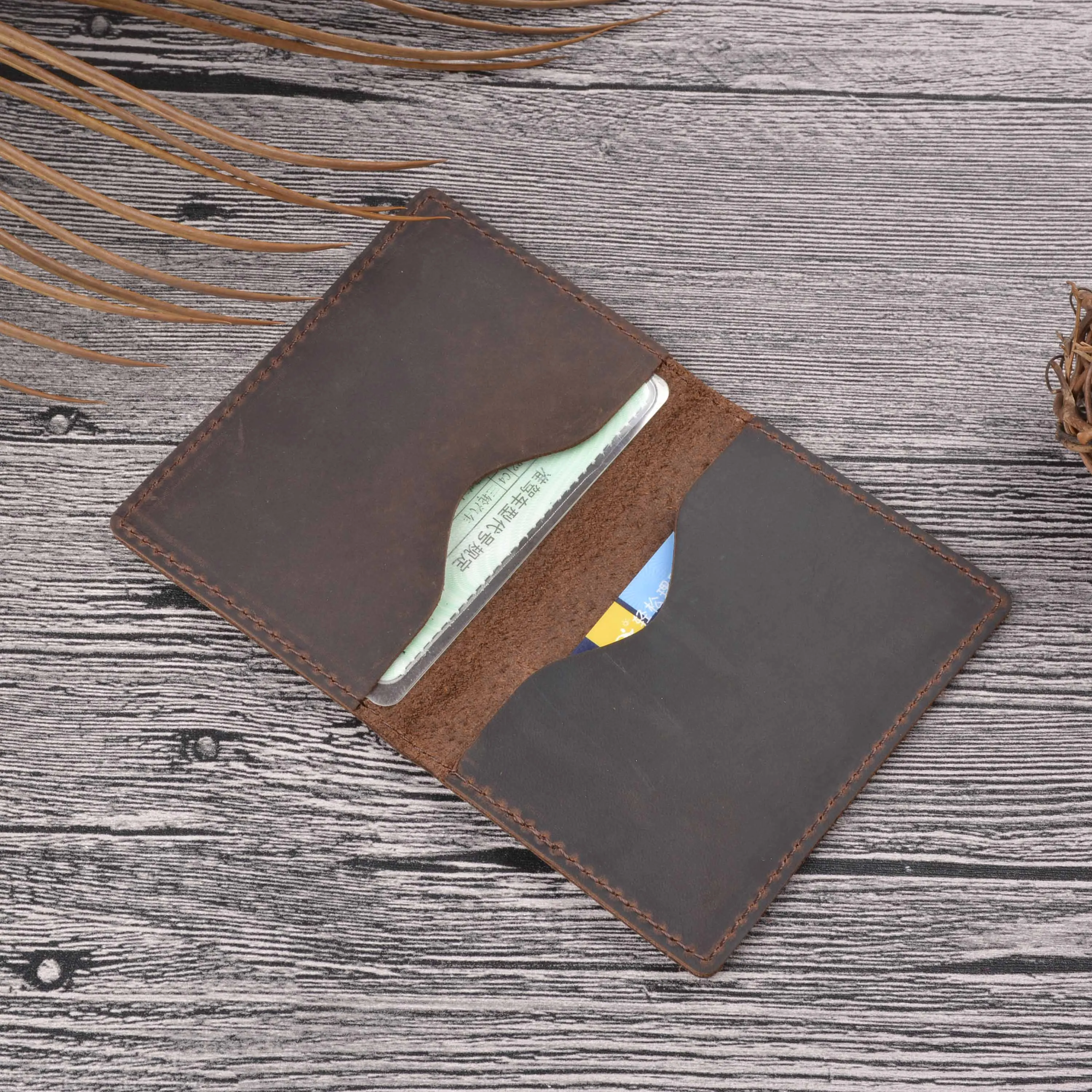 German Crazy Horse Leather Top-Grain Cowhide Slim Card Wallet-Minimalist Handmade Vintage Style Genuine Leather Card Holder wi