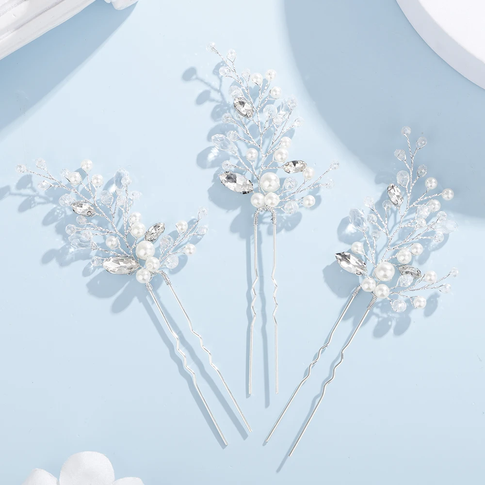 Pearl Rhinestone Bridal Headpiece Handmade Silver Gold Wedding Hair Pins Party Hair Accessories for Women and Girls Tiaras 3 Pcs