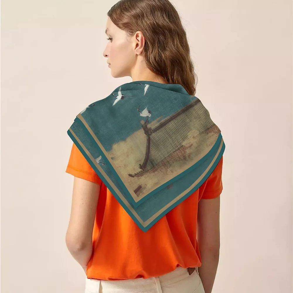 New Silk Scarf Women Pheasant Print Square Scarves Head Echarpes Silk Foulards Femme Wraps Beach Shawls Bandana Lady Hijabs 90CM 4