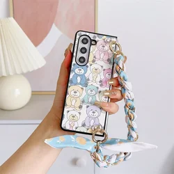 Adorable Bear PU Leather Cover with Scarf and Chic Chain Wrist Strap - Handbag Style Phone Case - Galaxy Z Fold 5 (Blue)