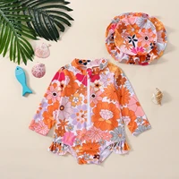 0-2 Years Toddler Baby Girls Swimwear Infant Spring Summer Swimsuit Long Sleeve Floral/Shell Print Bathing Suit with Hat Outfit 2