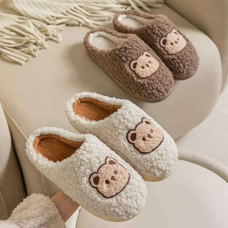 New Women Home Slippers Men Furry Indoor Bedroom Flats Warm Plush Couples Cute Cartoon Bear Winter Floor Slides Non-slip Shoes 3