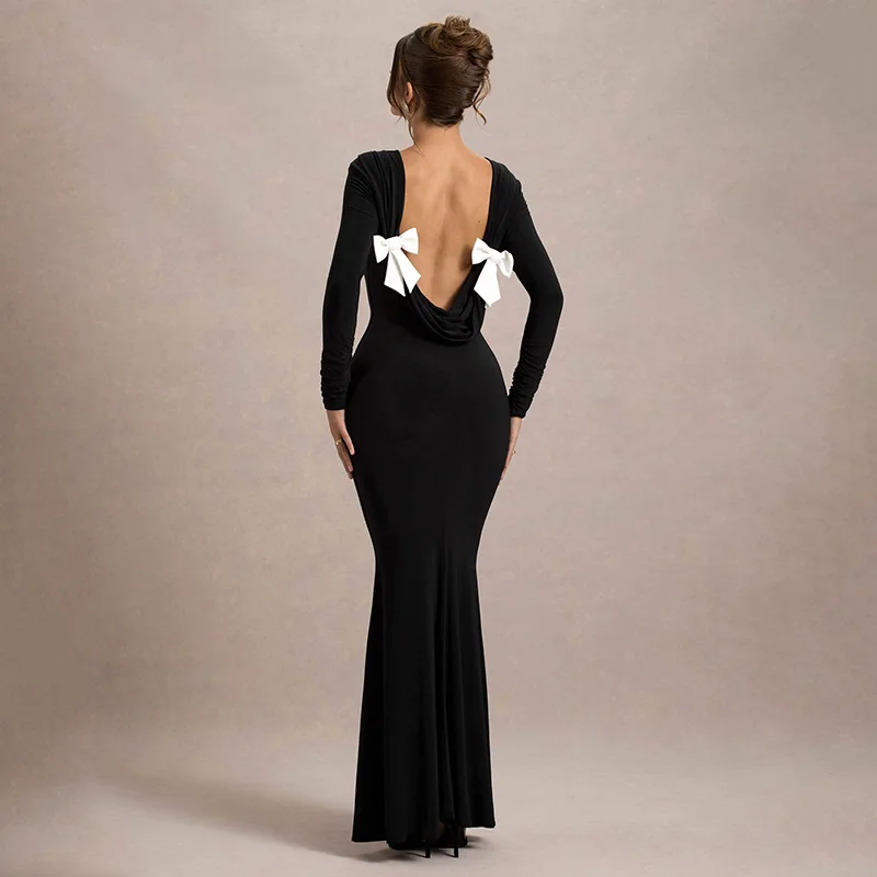 Black Tee Bow Backless Long Dress Women's Fashion High Waist Luxury Elegant Party Dress Gown Female Autumn Maxi Dress