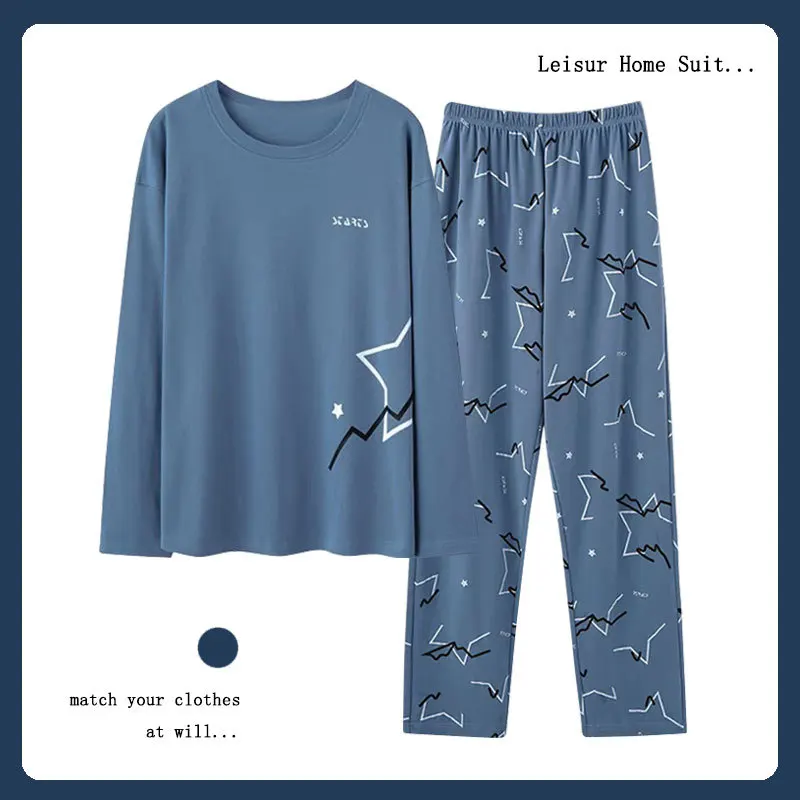 Men's Pajamas Two-Piece Spring Round Neck Long-Sleeved Trousers Imitation Cotton Pajamas Homewear Set pajama sets