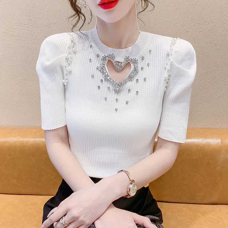 Summer Elegant Diamond Pearl Beading Short Pullover Sweater Fashion Thin Elastic Knitted Puff Short Sleeve O-Neck Knitwear