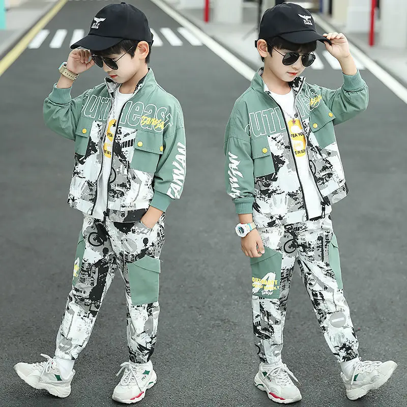 

Teen Boys' Camouflage Set 2023 Spring Autumn Zipper Jacket Cuffed Pants Two Pieces Letter Printing Standup Collar 5-12 Years Old