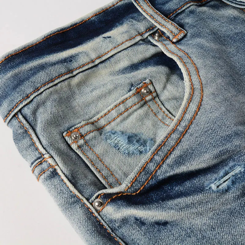 Streetwear Fashion Men Jeans Retro Washed Blue Stretch Skinny Fit Ripped Jeans Men Patched Designer Hip Hop Brand Pants Hombre