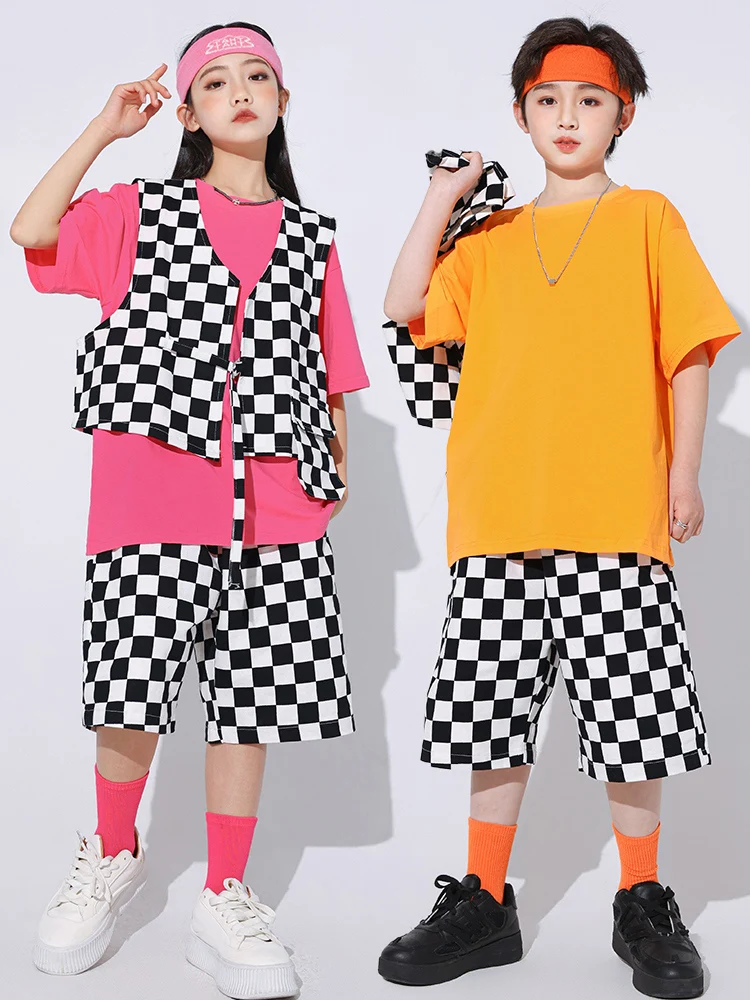 

Kids Street Dance Clothing Hip Hop Boys Costume Short Sleeves Tops Chessboard Set Girls Jazz Performance Suit Drum Wear BL12597