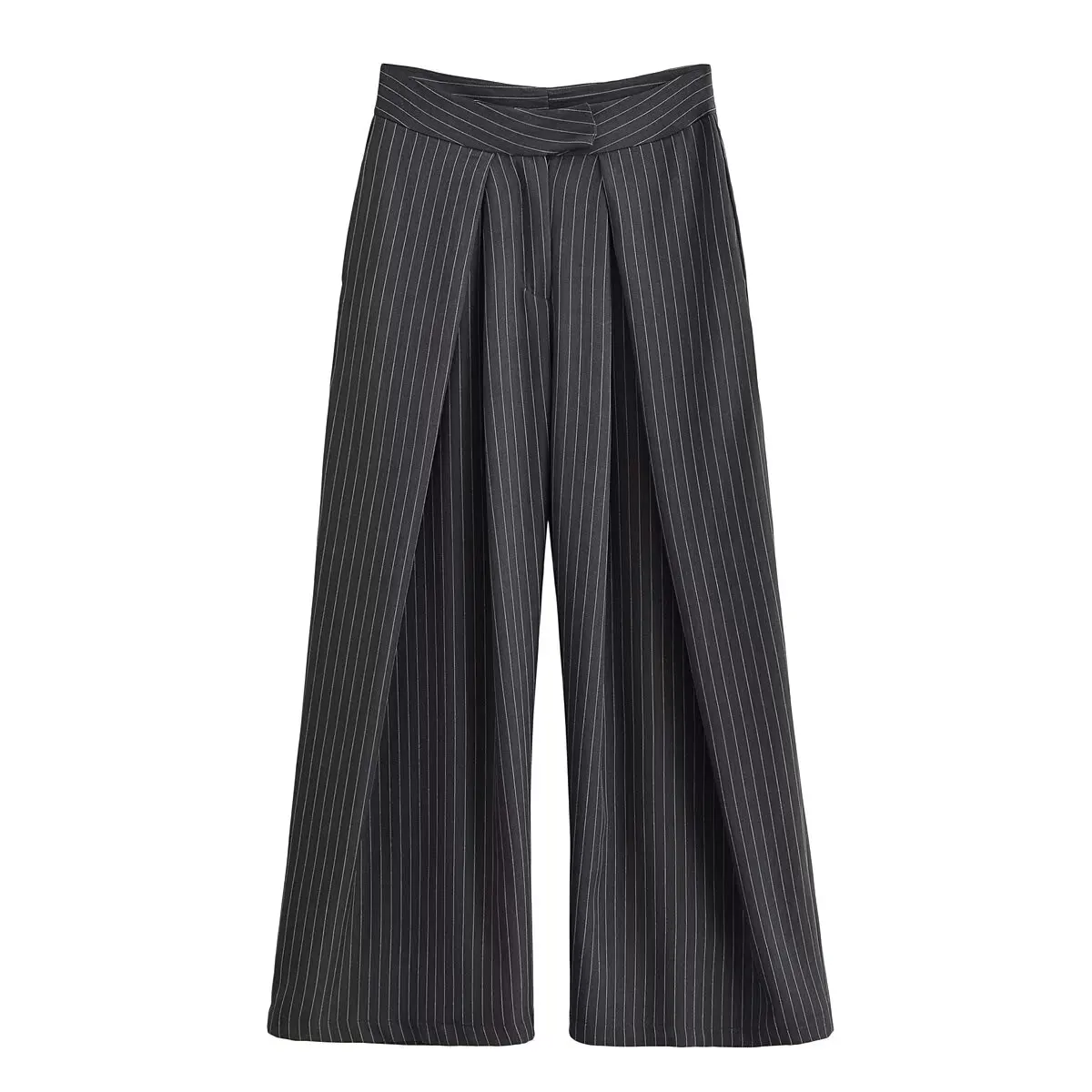 Women Fashion Stripe Pleated Wide Leg Pants Female Elegant Pockets High Waist Long Trousers Spring Autumn High Street Chic Pants
