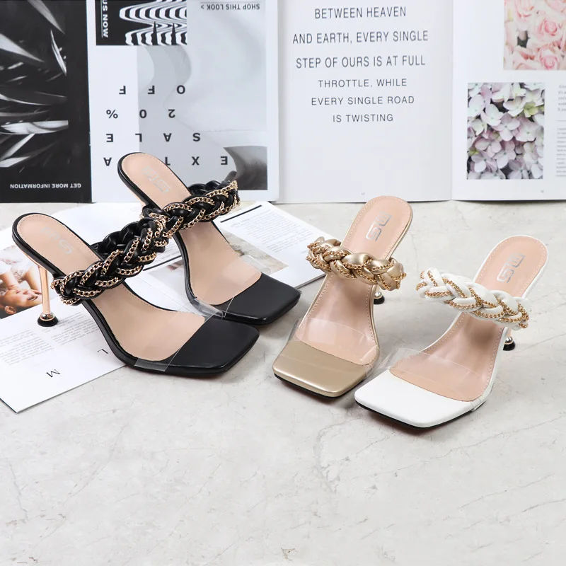Fashion Women's Sandals 2022 Summer New PU Woven Metal Exclusive Chain High Heel Sandals Stiletto Sexy Party Women's Shoes 9.5CM