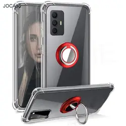 Clear Transparent Phone Case with Magnetic Ring Holder Stand - Soft TPU Protective Cover for TCL 30SE (Red)