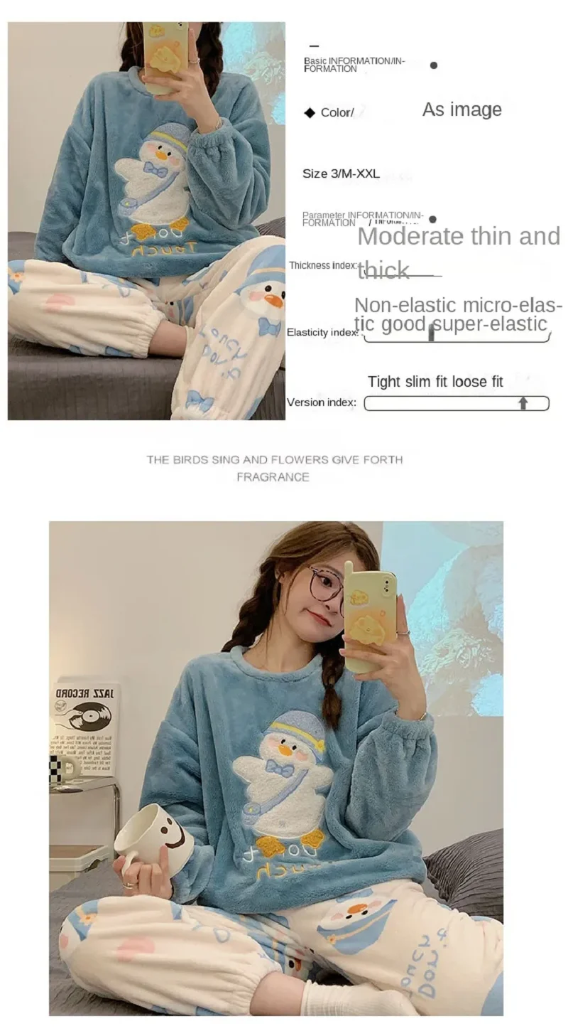 Autumn Winter Women's Pajamas Set Long-sleeved Trousers Two-piece Flannel Soft