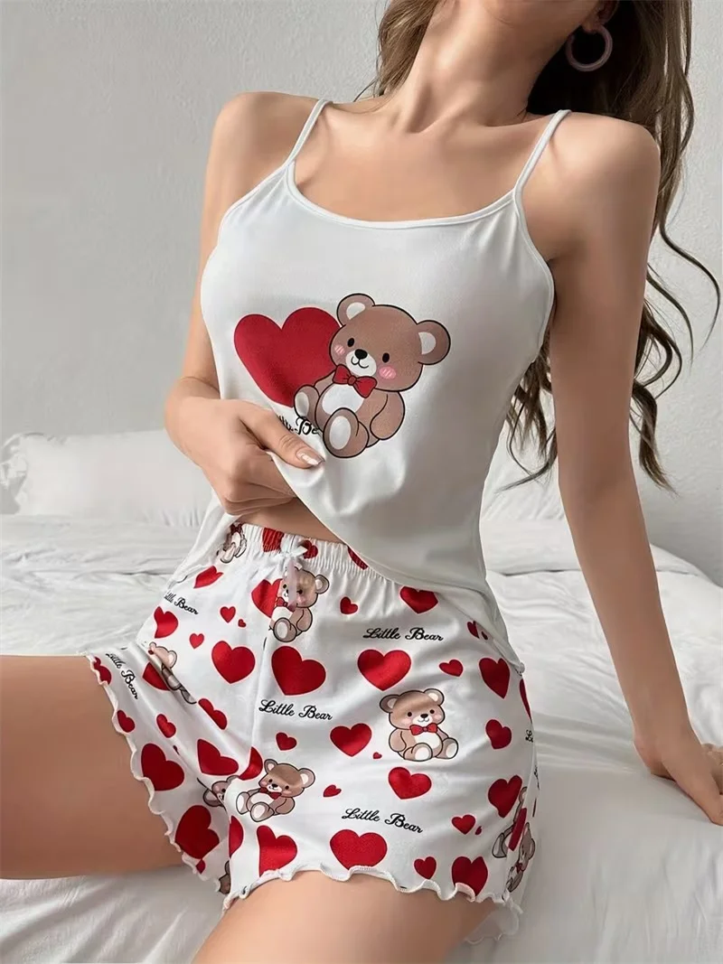 Summer Cute Bear+Heart Print 2pcs Pajamas Set Women Homewear Camisoles Tops and Shorts Underwear Sexy Lingerie Sleepwear 5