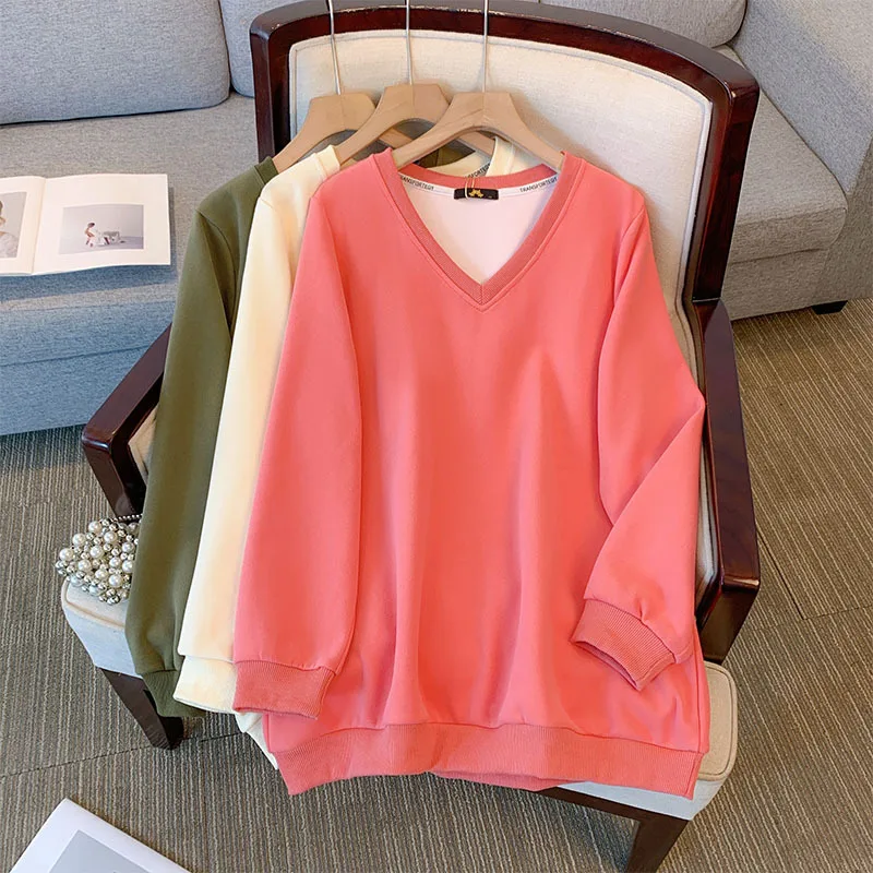 150Kg Plus Size Women\'s Bust 157 Autumn Spring Loose Solid Casual V-Neck Top Long Sleeve Sweatshirt 6XL 7XL 8XL 9XL 10XL