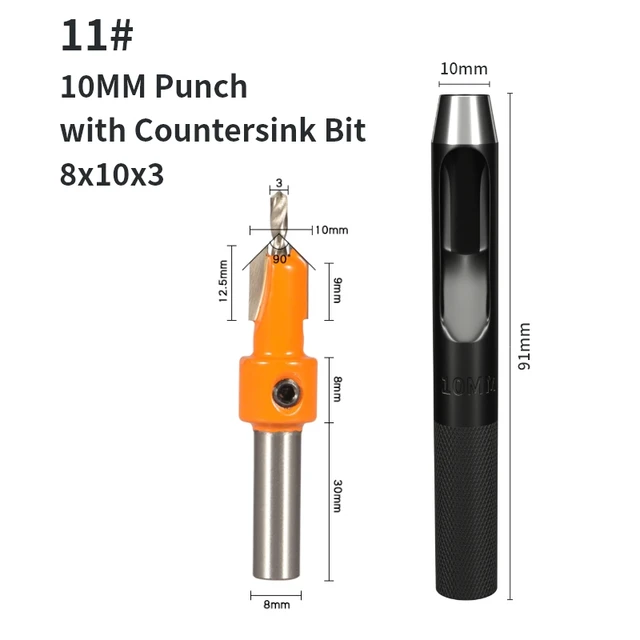 YUSUN 2PCS 8MM Shank Countersink with Punch Router Bit Woodworking Milling Cutter For Wood Face Mill 8x10x3.0with  Punch