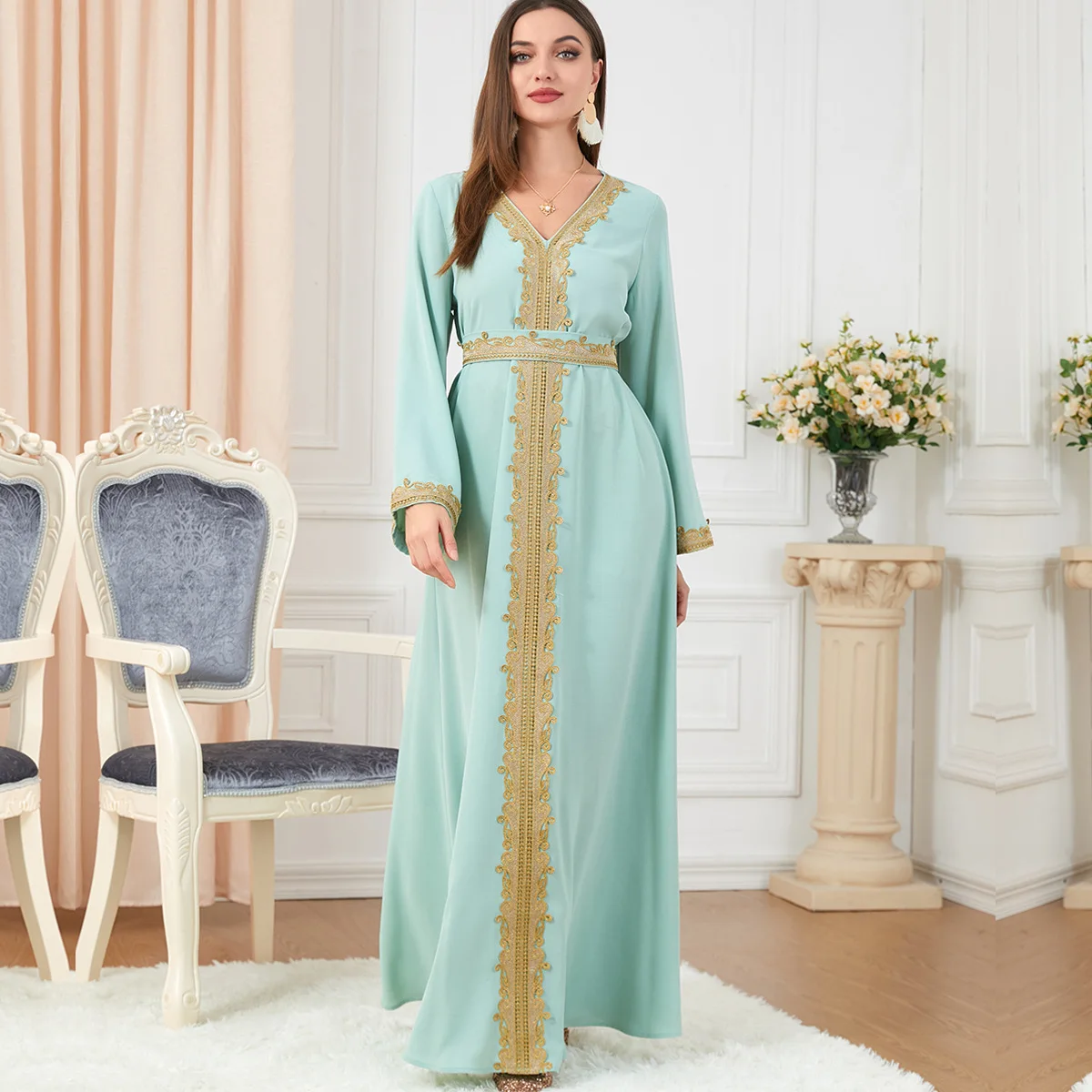 

LUNAFLEYA Elegant Muslim Formal Dress V-Neck Long Sleeves Party Dress Evening Dress Floor-Length Prom Dress Saudi Arabia 2024