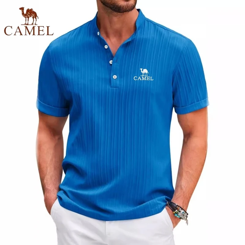 High End Embroidered CAMEL Cotton and Linen Striped Henry Polo Shirt, New Summer Men's Retro Fashion Casual Short Sleeved Top 6 S03f85491aad0420c977354fd44b85e04U