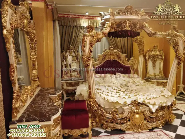 Royal Baroque style hand-carved round king bed luxury heavy-duty carved round bed designer teak round maharaja bed 4