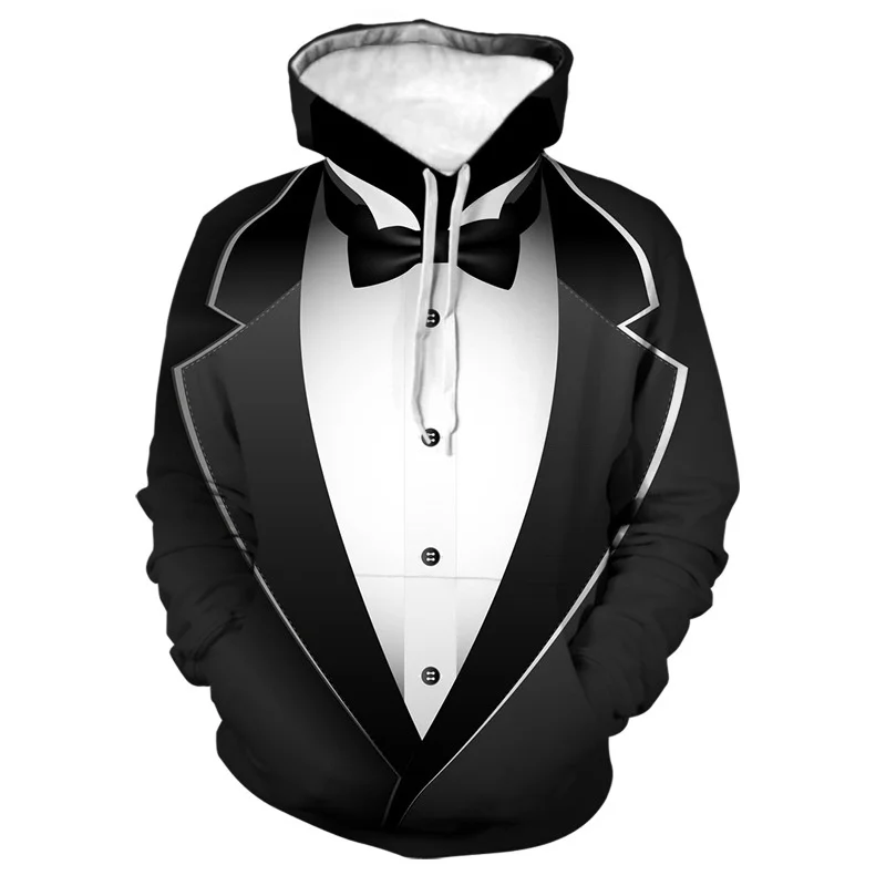 thumbnail image 1 of Sudadera con capucha de traje falso divertida con estampado 3D para hombre, esmoquin con patrón de pajarita, sudaderas casuales de manga larga para cosplay, sudaderas con capucha de calle, 1 of 5