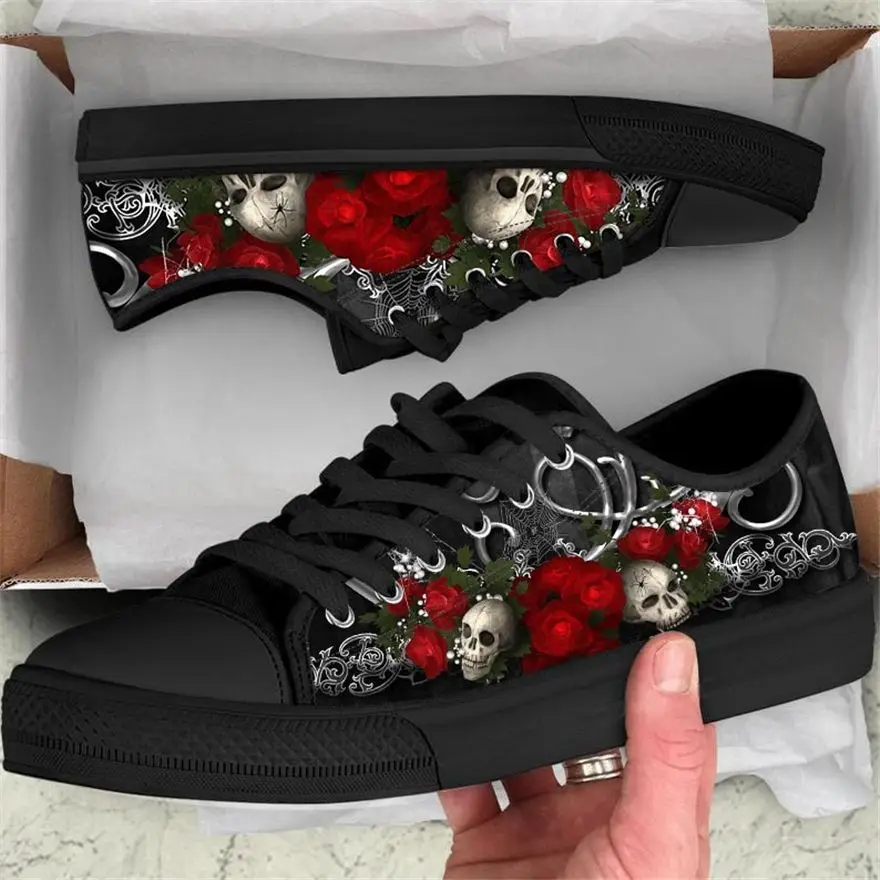 Doginthehole 2022 Women Shoes Casual Gothic Skull Pattern Black Shoes Breathable Canvas Shoes Rubber Sole Lace Up Zapatillas 