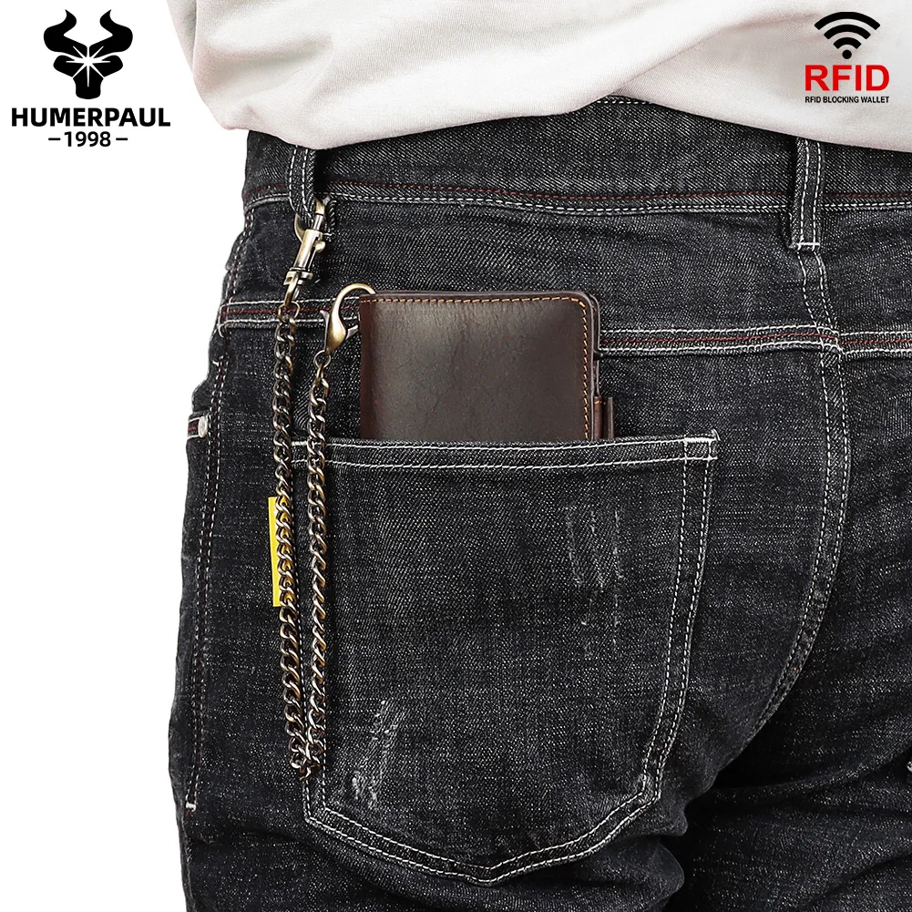 크레이지 호스 가죽 카드홀더 RFID 차단 카드 케이스, 스마트 팝업 카드 홀더 패션 남성용 지갑, 긴 도난 방지 체인