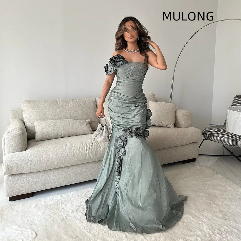 

MULONG Mermaid Strapless Evening Dresses For Wedding Party Long Luxury 2023 Flower Formal Prom Dress Dubai Party Gown