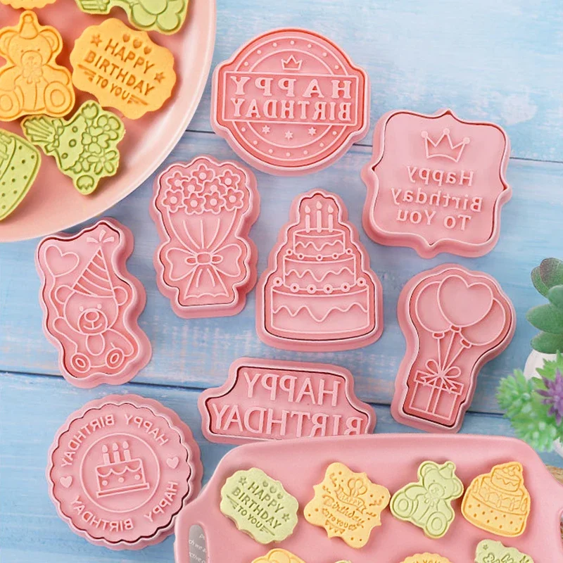 Cookie Cutter Set 8Pcs Happy Birthday Theme Cake Bear Flower Biscuit Mold Cookie Stamp Baking Pastry Bakeware for Birthday Party