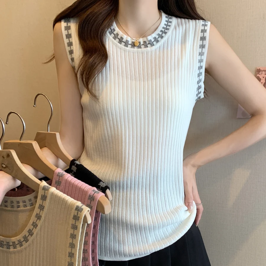 

Женский вязаный свитер без рукавов, белый пуловер с круглым вырезом, модель H685 на лето, 2024