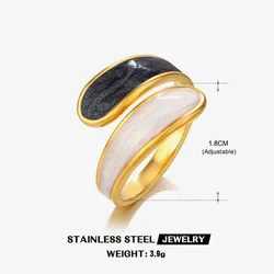 Elegant Black and White Enamel Stainless Steel Double Layer Adjustable Ring - Resizable (Golden Black White)
