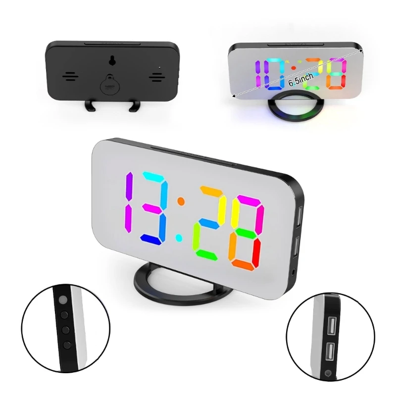 

Digital Alarm Clock LED RGB Colorful Clocks with Mirror Large Display 2 USB Port