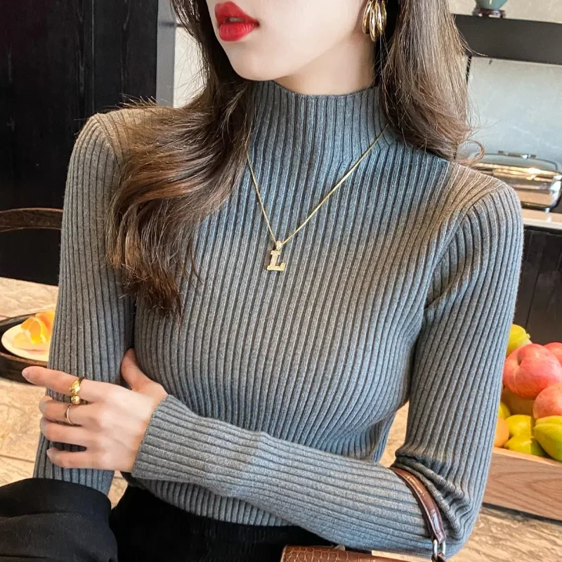 Autumn and Winter Semi High Neck Knitted Sweater Solid Color Long Sleeved Pullover Tight Fitting Slimming Top 118