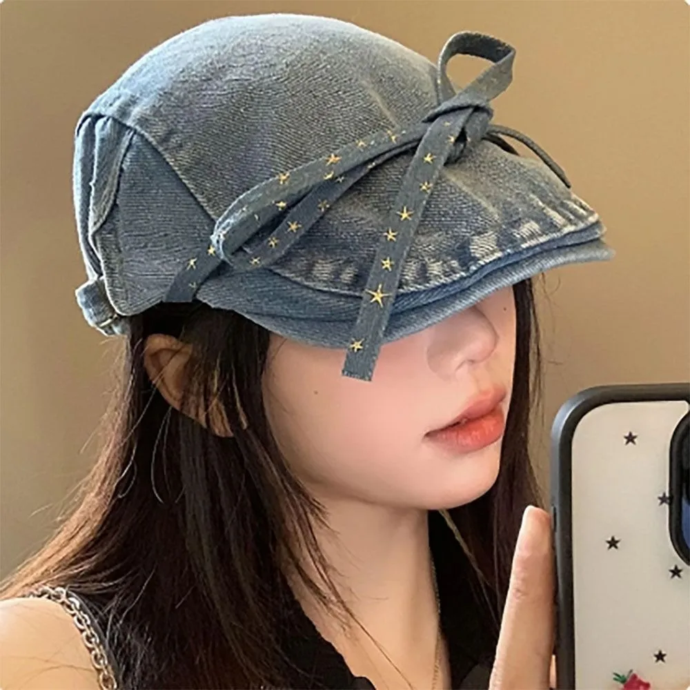 Original Bow Strap Design Berets Caps for Women Spring and Summer Travel Ins Versatile Sunscreen Retro Denim Forward Hats