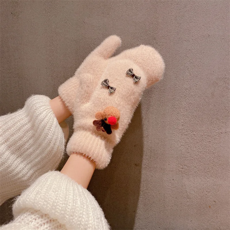 Hot Sale Winter Gloves Woman Christmas Elk Bowknot Women's Gloves High Elastic Wool Knit Outdoor Riding Keep Warm Mittens