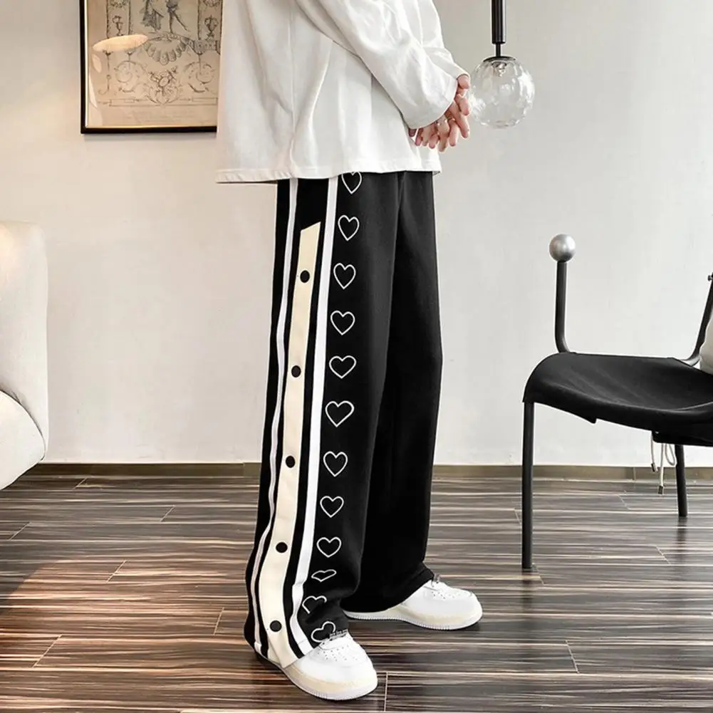 Men Basketball Pants Drawstring Mid Waist Heart Pattern