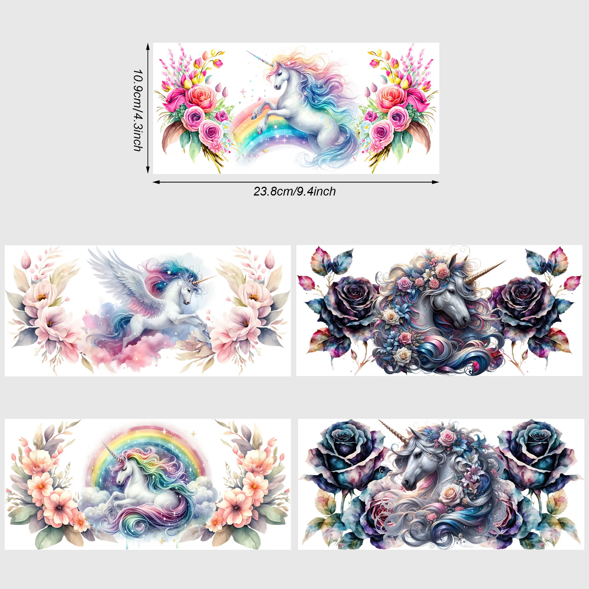 5 Sheets Unicorn UV DTF Cup Stickers, DTF Transfer Stickers, Beautiful Unicorn Waterproof Wipe-Off Transfer Paper for 16oz cup