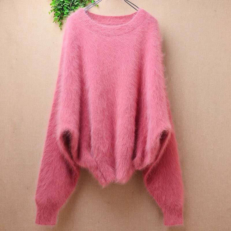 

Ladies Women Fall Winter Clothing Pink Hairy Mink Cashmere Knitted Long Batwing Sleeves O-Neck Loose Pullover Sweater Jumper Top