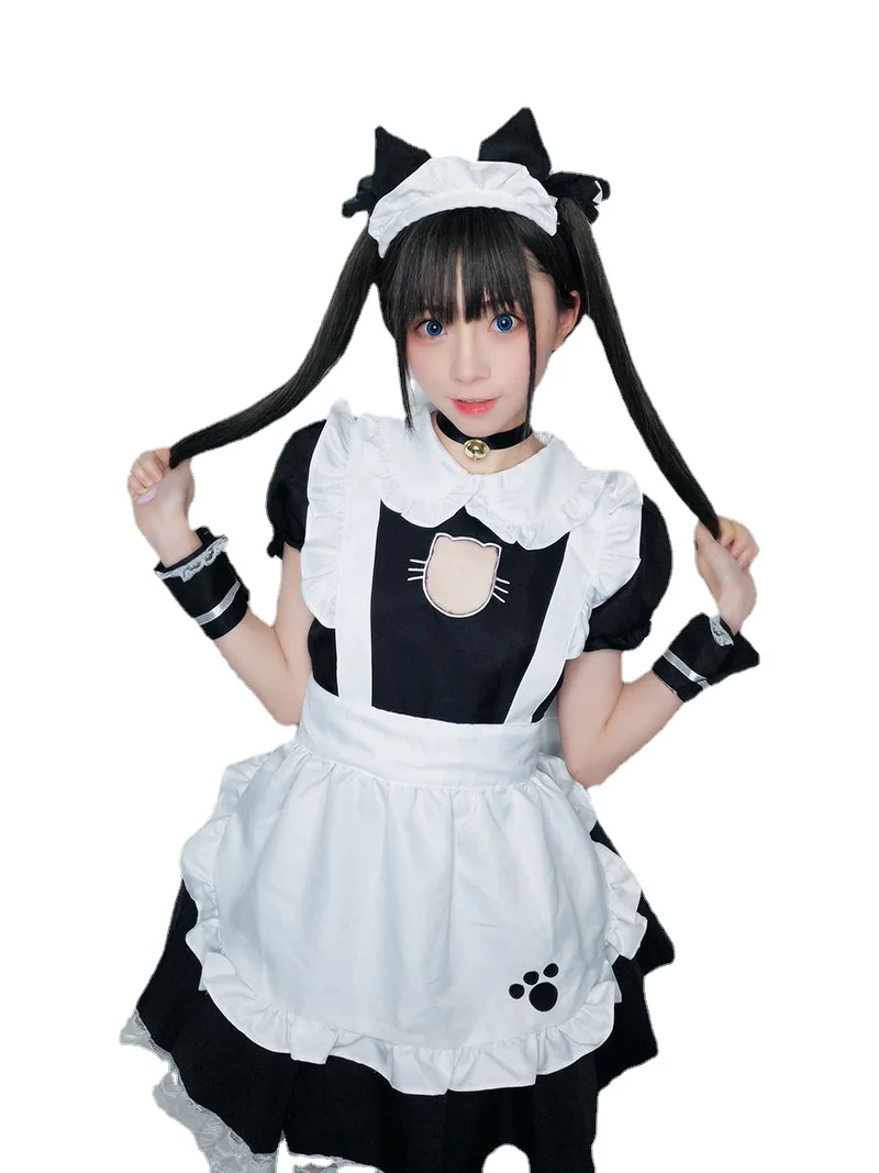 Bust Open Maid Cosplay Costume Sexy Catwomen Kitty Outfit Cotton Apron Lovely Lace Mini Dress For Women Anime Black White Lolita