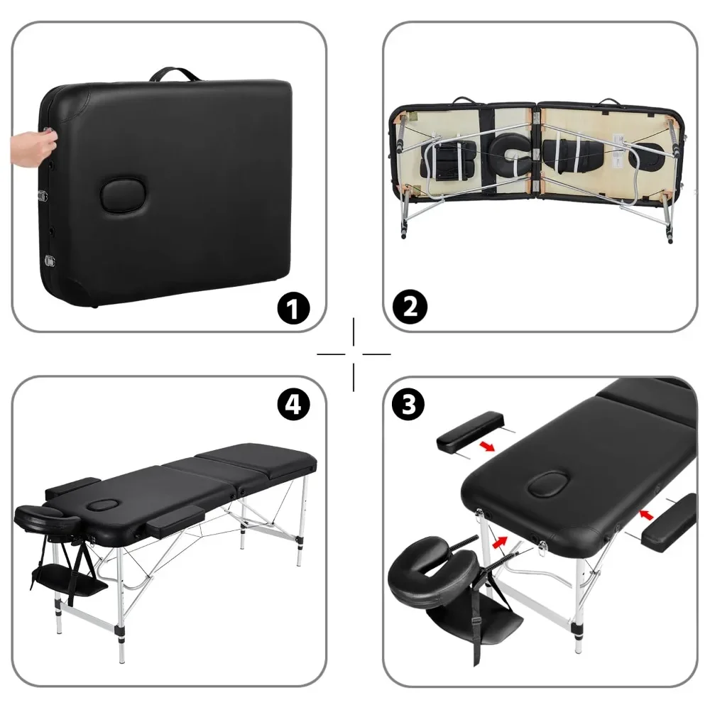 Portable Adjustable Tattoo and Massage Table, Aluminium 3-Section Folding Spa Bed with 24" Wide Non-Woven Carry Bag, Black