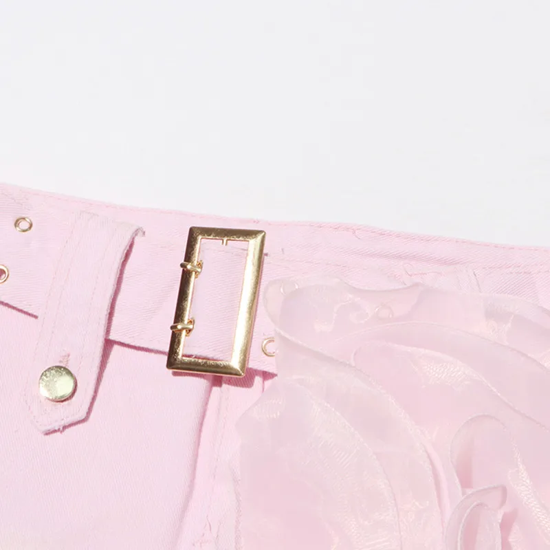 BPN Temperament Patchwork Appliques Shorts For Women High Waist Spliced Belts Solid Slimming Denim Short Pants Female Clothing