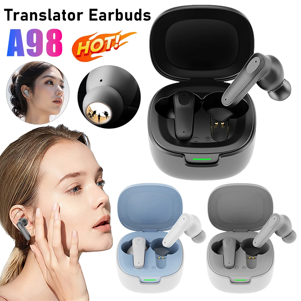 A98 AI Translator Earbuds Real Time Translation Headphones Bluetooth 5.4 Languages Translation Earphones Smart Voice Translator