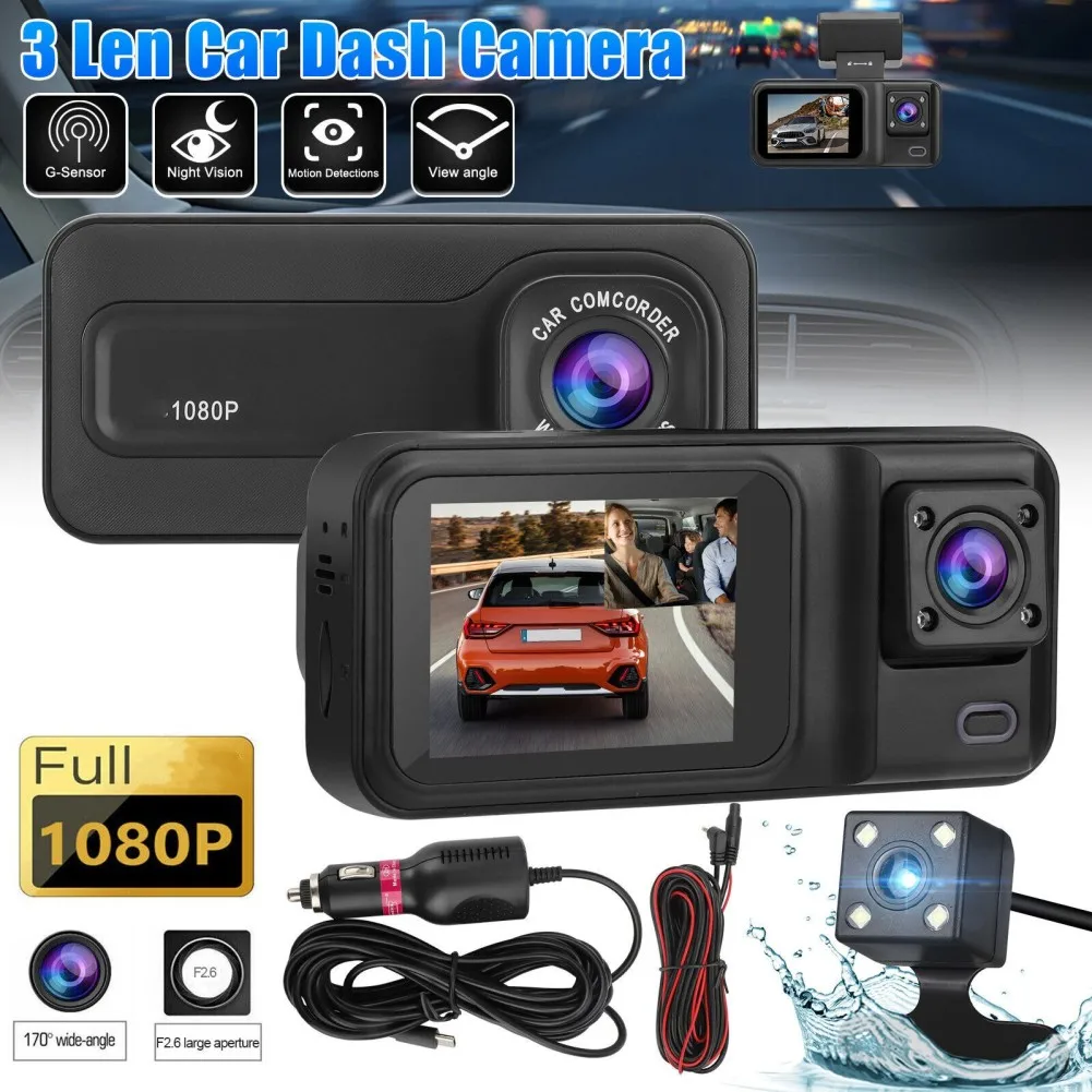

Car Dash Camera 3 Channel 1080P Front 720P 480P Rear Triple Dash Camera IPS Screen Driving Recorder WDR 4 Infrared LED Lights