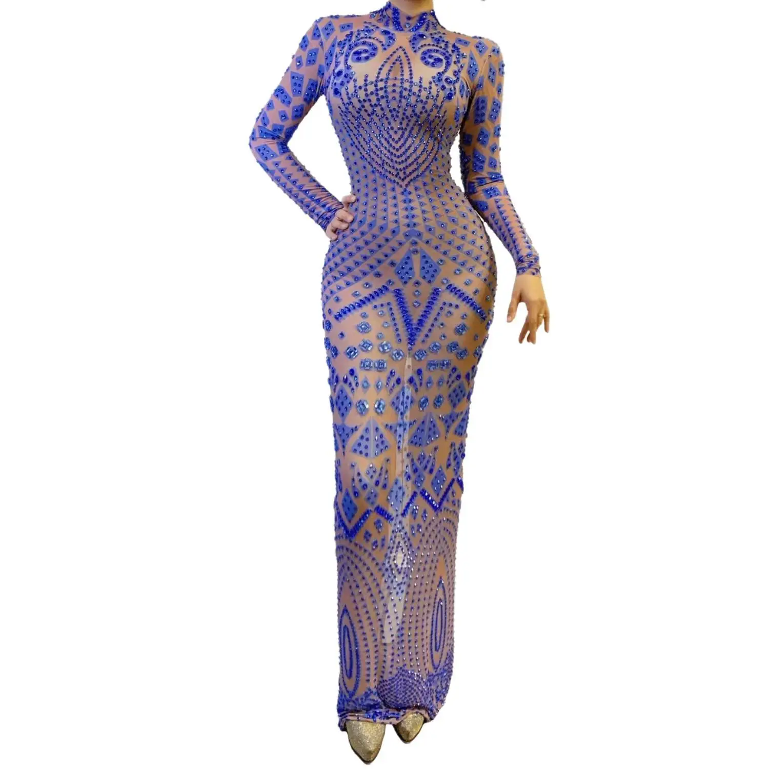 Sparkly Stones Gorgeous Long Dress Sexy Transparent Crepe Evening Prom Celebriate Birthday Dress Performance Costume W2301021