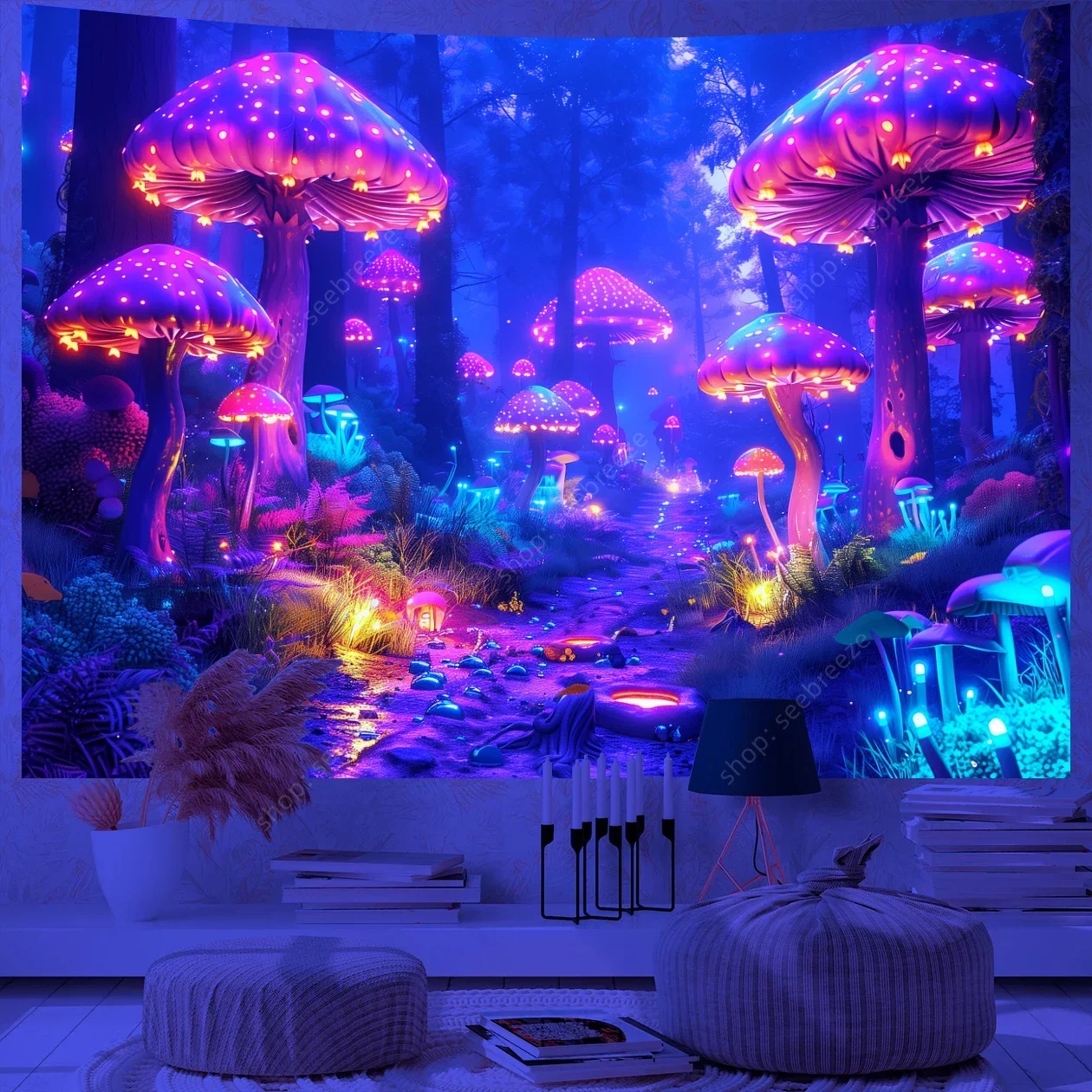 Tapestry Decor Fantasy Mushroom UV Reactive Floral Wall Hanging